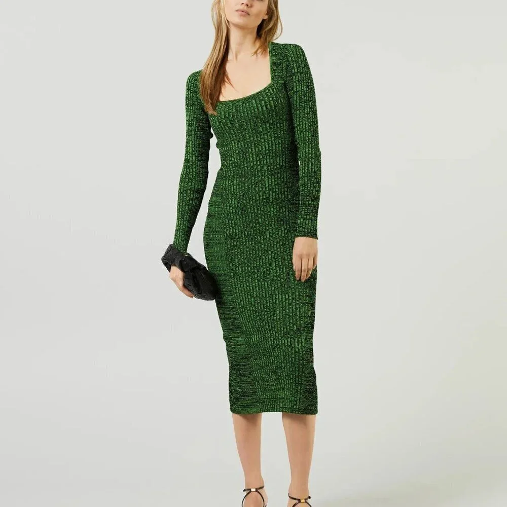 Ganni Melange Dress Midi Green Knit Long Sleeve Bodycon XS